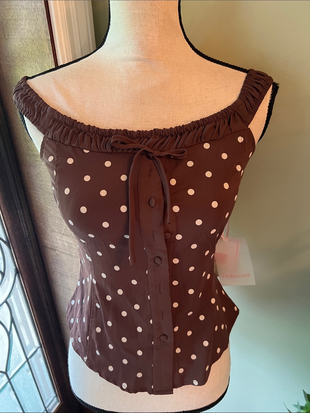 Brown Polka Dot Tie-Neck Camisole Top
